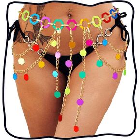 REETAN Rainbow Sequin Belly Chain Boho Waist Body Chains for Women