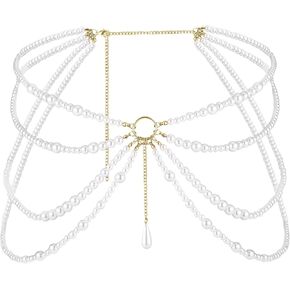 Layered Pearl Waist Chain, Bikini Beads Waist Body Belly Chain Belt, Trendy Gold Chain Fashion Jewelry Festival Rave Beach Accessories Waistband Sweater Dress for Women and Girls