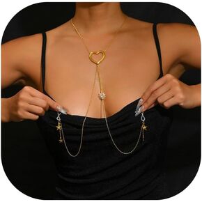 Sexy Star Pendant Non Piercing Nipple Chain Necklace for Women Rhinestone Star Tassel Chest Chain Body Jewelry Festival Rave Heart Nipple Accessories Jewelry