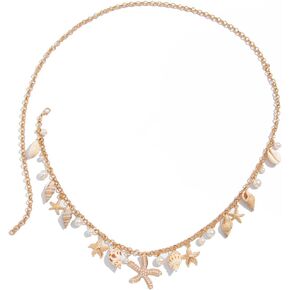 Gold Layered Pearl Seashell Waist Chain Starfish Body Jewelry for Women Boho Beach Bikini Vacation Party Accessories Summer Waterproof Adjustable Belly Chain