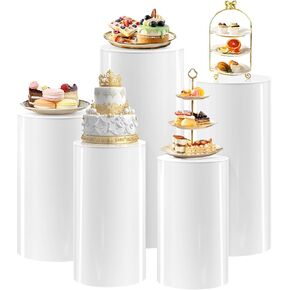 SaitiMade Set of 5 - White Round Cylinder Stands, High Strength PVC Pedestal Stands for Party, Wedding, Birthday, Baby shower Decoration - 19.6"(S), 21.6"(M), 23.6''(L), 29.5''(XL), 35.4''(XXL)