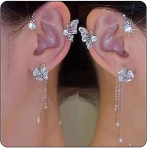 BETHYNAS Sparkly Rhinestone Butterfly Ear Cuff GlitterNon-Pierced Crystal Tassel Fake Earrings Climber Lady Ear Wrap Bridal Party Ear Jewelry for Women and Girls