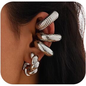 Chunky Silver Ear Cuffs Non Piercing Earrings For Women Exaggerated Large Non-Pierced Clip On Statement Earring Vintage Oversized Gold Hoop Jewelry Gifts