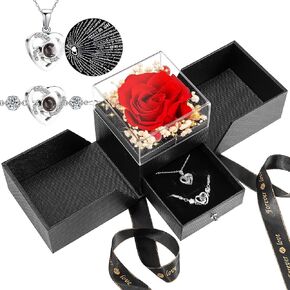 Preserved Flowers for Mom,Real Rose with I Love You Heart Necklace and Bracelet 100 Languages Birthday Gifts for Women Mom, Unique Mother Gift Idea