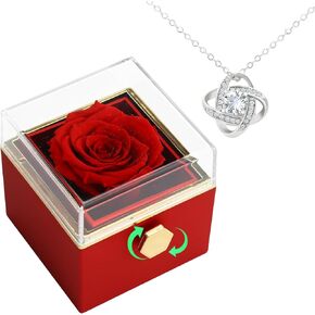 Rotate Preserved Red Rose Box Gifts with Silver Necklace Forever Flower Rose Christmas Birthday Valentine's Day Gifts for Woman Mom Wife Anniversary Girlfriend