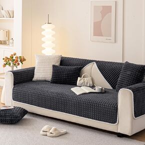 Velvet Couch Cover Washable, Non-Slip Plush Sofa Cover, Soft Warm Faux Fur Couch Covers, Fuzzy Furry Sofa Slipcover for Kids and Pets(Dark Gray/36"x82"/4-Seater Sofa Cover)