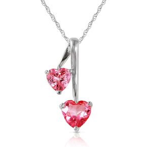Galaxy Gold GG 14K Solid White Rose Yellow Gold Pendant Necklace with Natural Genuine Pink Topaz - Double Heart - High Polished Brilliant Cut - Grade AAA