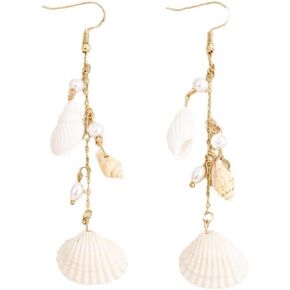 Seashell Conch Dangle Earrings, Beach Shell Tassel Earrings for Women, Bohemian Pearl Seashell Long Earring, Sea Snail Earring Summer Boho Jewelry, Ocean Shell Conch earrings for Ladies