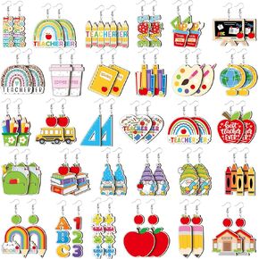 30 Pairs Graduation Earrings for Women Teachers Acrylic Double Side Design Rainbow Pencil Book Earrings for End of School Year Gifts Back to School Jewelry