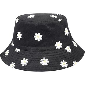 eigso Black Daisy Flower Print Cotton Bucket Hat للنساء الرجال للجنسين سفر سفر عكسي قبعة صياد قابلة للانعكاس لامرأة رجل