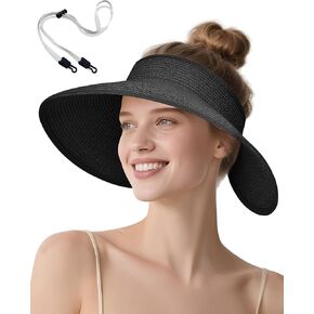 Sun Visor Hat for Women, Wide Brim Straw Visors Beach Hat Roll Up Foldable Beach Visors Summer UV Protection