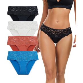 ANLIQI Womens Underwear Nylon Stretch Bikini Panties Soft Lace Hipster Full Coverage Underpants 4 Pack