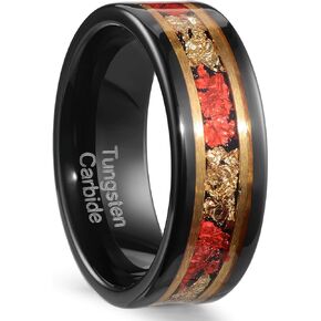 8mm Men's Tungsten Ring Engagement Wedding Ring, Red and Gold Inlay, Black Shiny, Size 7-14, Comes with Gift Box