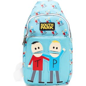 Buckle-Down Comedy Central Vegan Leather Crossbody Sling Bag, South Park Terrance and Phillip Pose Applique, Blue, 7" x 14"