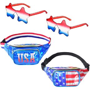USA Flag Holographic Fanny Packs, 4th of July Patriotic Belt Bag Waist Bag & Star Sunglasses, American Independence Day Accessories Men Women