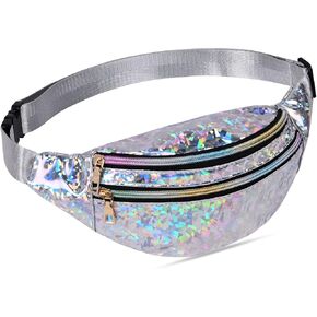 Holographic Fanny Pack for Women, Fashion Water Resistant Waist Bag, with Adjustable Belt & Multi-Pockets, Sport Casual Waist Pack for Travel, Hiking, Party, Daily Use (Shiny Silver)