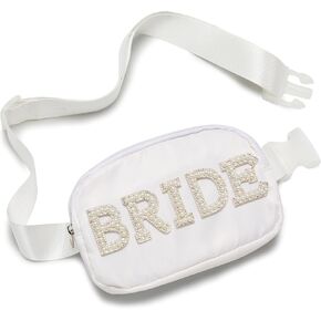 Funky Junque Bride Fanny Pack with Pearl Lettering | White Belt Bag Crossbody for Bachelorette Party, Bridal Shower, Engagement Gift & Travel - Bride (White)