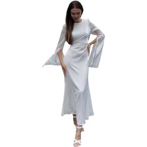 HUSN Elysia Chiffon Elegant Dress Pure White Flowy Maxi Cape Dress for Women Formal Wedding Guest Attire Long Slit Sleeve