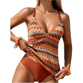 SHENHE Women's Boho Tankini Bathing Suits Geo Print Deep V Neck 2 Piece Swimsuits