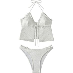 MakeMeChic Women's Tankini Swimsuits Frill Trim Tie Front Halter High Cut Cheeky Swimsuit Bathing Suits