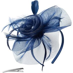 Fascinators Hat Flower Mesh Ribbons Feathers on a Headband and a Clip Tea Party Headwear for Girls and Women (White-A)