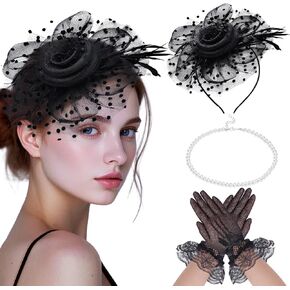 Fascinators Headband Hats for Women, Tea Party Hat and Lace Gloves Pearl Necklace Set for Cocktail Wedding Funeral