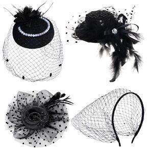 4 Pcs Fascinators Hat Elegant Tea Party Hat Black Flower Feather Mesh Veil Fascinator Headband for Women Girls Cocktail Wedding Costume Accessories