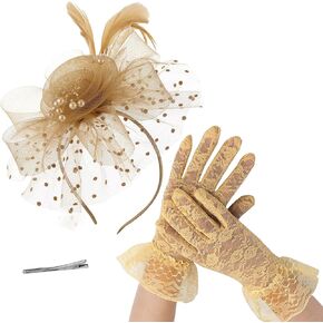 Framendino ، 2 Pack Women Fascinator Hat and Lace Gloves مع مقطع عصابة الرأس لحفل حفل زفاف حفل الزفاف (Khaki)