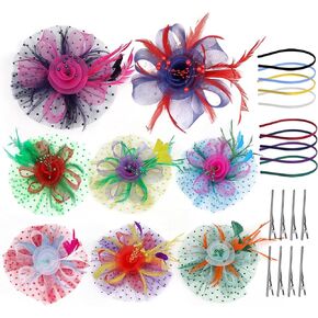 8 PCS Fascinators Hats for Women Tea Party Hat Wedding Mesh Ribbons Cocktail Fancy Flower Feathers Fascinator Clip