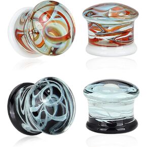Qmcandy 4pcs Wave Pattern Glass Ear Gauges Plugs Tunnels Double Flared Saddle Plugs Stretcher Piercing Jewelry for Women Men Unisex