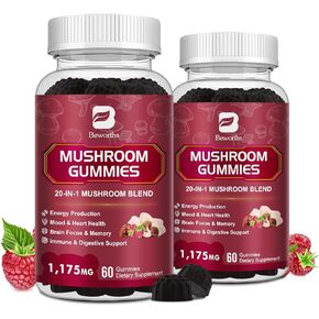 Super Mushroom Complex Gummies, 20-IN-1 Lion's Mane Supplement Gummies - Mushroom Supplement with Cordyceps, Reishi etc, Support for Brain Health, Focus & Clarity, Non-GMO,Raspberry Flavor,60 Gummies
