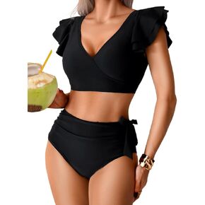 Womens High Waisted 2 Piece Swimsuit, Color Block Full Coverage Bikini Sets, Tummy Control Ruffle V Neck 2025