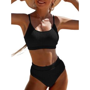 Limeeke Women's High Waisted Bikini Sets Ribbed Textured Scoop Neck Swimsuit Adjustable Strap Two Piece Bathing Suit