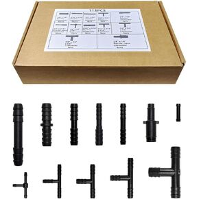 113 PCS Vacuum Connector Kit, 12 Sizes Nylon Hose Tee & Straight Connector Set, Black, 0.6 lb, 1 Transparent Box