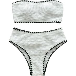 Verdusa Women's 2 Piece Strapless Bikini Sets Contrast Trim Bandeau Swimsuit Bathing Suits