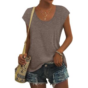 Saloogoe Womens Summer Tops 2025 Cap Sleeve U Neck T Shirts Short Sleeve Tshirts Shirts Beach Fashion Vacation Outfits