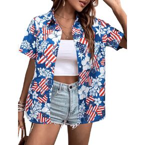 FRYAID American Flag Shirt Women 4th of July Shirts Hawaii Floral Patriotic Stars Stripes Tee USA Short Sleeve Button Up Top