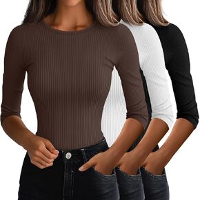 Ficerd 3 Pack 3/4 Sleeve Tops for Women, Cotton Knit Ribbed T Shirts Basic Slim Fit Stretch Tees Casual Crew Neck Shirts