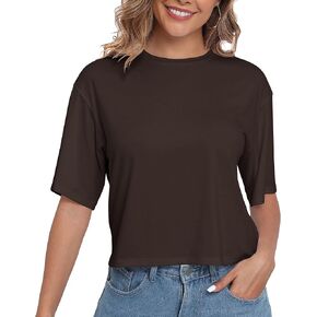 PRIMODA Women's Half Sleeve Loose Cropped T Shirts Drop Shoulder Crew Neck Crop Tops Basic Casual Tee Shirts