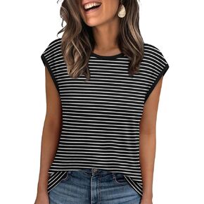 Xieerduo Womens Tops Dary Disy Summer Summer Striped Cap Sleeve Tops Color Block Loose Fit