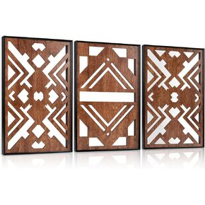 TOARTi Large Boho Mid Century Modern Wall Art Decor(16"x24"x3pcs), Abstract Geometric Illustration Wall Sculptures, Bohemian Leaf Tropical Wooden Wall Decor for Home Office Living Room Bedroom