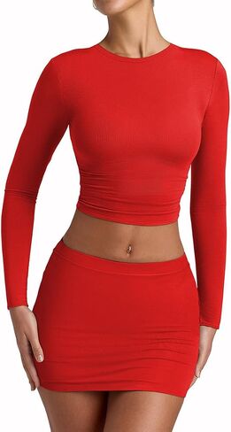 YFANG Women's Sexy Two Pieces Pencil Mini Skirt Set Long Sleeve Crew Neck Crop Top Short Bodycon Skirt Outfits in Kuwait
