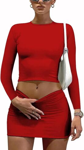 YFANG Women's Sexy Two Pieces Pencil Mini Skirt Set Long Sleeve Crew Neck Crop Top Short Bodycon Skirt Outfits in Kuwait