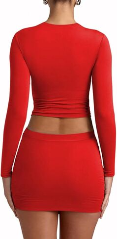 YFANG Women's Sexy Two Pieces Pencil Mini Skirt Set Long Sleeve Crew Neck Crop Top Short Bodycon Skirt Outfits in Kuwait