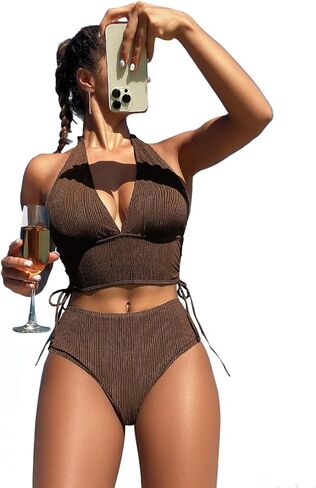 SKAYS High Waisted Bikini Sets for Women 2 Piece Halter Bathing Suit Beach Drawstring Swimsuits Vintage Swimwear in Saudi Arabia
