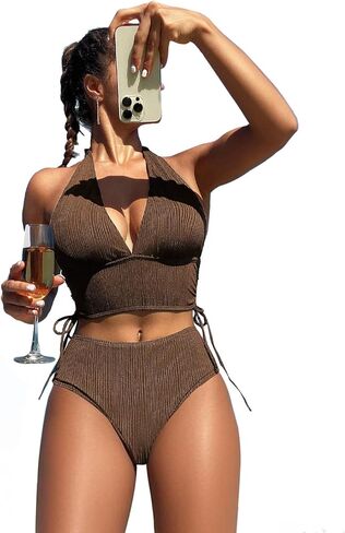 SKAYS High Waisted Bikini Sets for Women 2 Piece Halter Bathing Suit Beach Drawstring Swimsuits Vintage Swimwear in Saudi Arabia