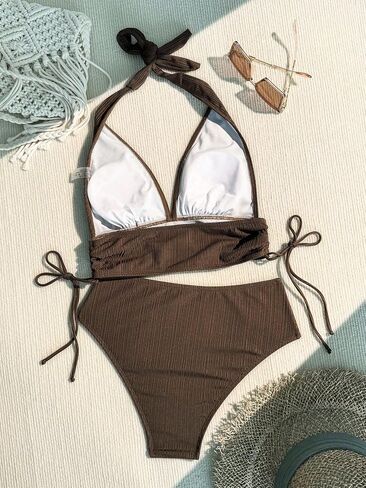 SKAYS High Waisted Bikini Sets for Women 2 Piece Halter Bathing Suit Beach Drawstring Swimsuits Vintage Swimwear in Saudi Arabia