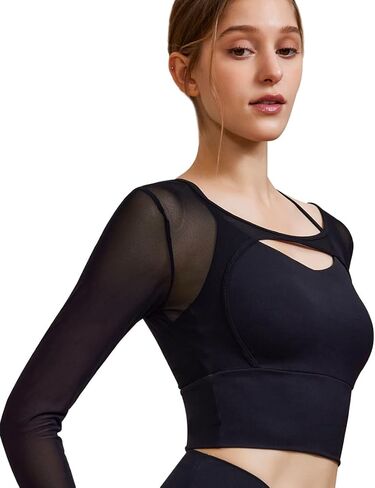 Harssidanzar Long Sleeve Yoga قمصان للنساء Mesh Gym Tops Tops Tops Prochyout مع حمالة الصدر الرياضية CL304US in Kuwait