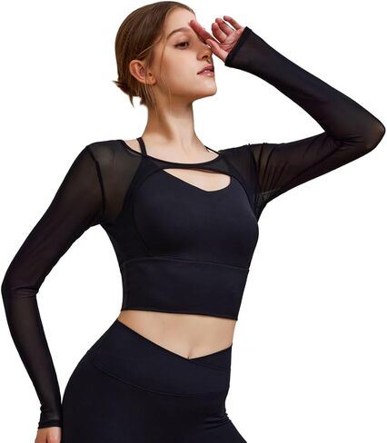 Harssidanzar Long Sleeve Yoga قمصان للنساء Mesh Gym Tops Tops Tops Prochyout مع حمالة الصدر الرياضية CL304US in Kuwait