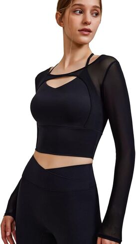 Harssidanzar Long Sleeve Yoga قمصان للنساء Mesh Gym Tops Tops Tops Prochyout مع حمالة الصدر الرياضية CL304US in Kuwait